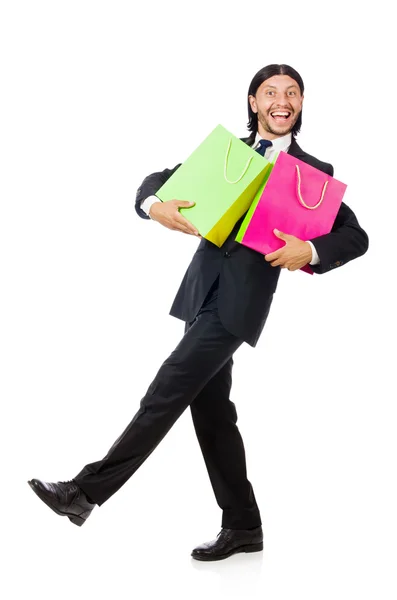 Hombre con bolsas aisladas en blanco —  Fotos de Stock