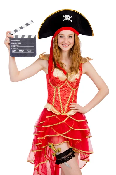 Mulher pirata com placa de filme — Fotografia de Stock