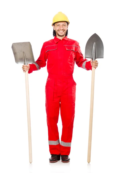 Man in red coveralls with spade — Stock Photo, Image