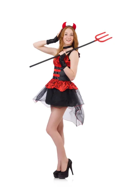 Woman devil with trident on white — Stock Photo, Image