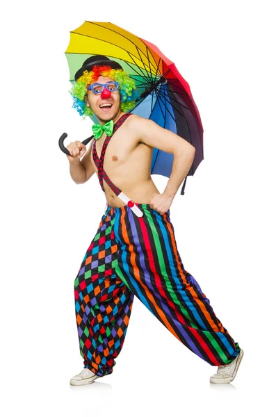 Clown with umbrella isolated on white — Stock Photo, Image