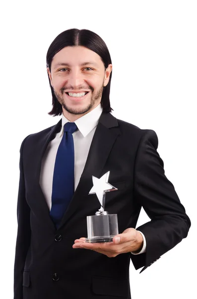 Empresário com prêmio estrela isolado em branco — Fotografia de Stock