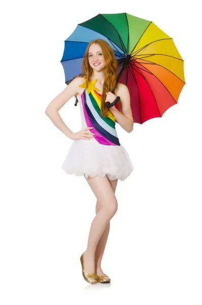 Giovane donna con ombrello su bianco — Foto Stock
