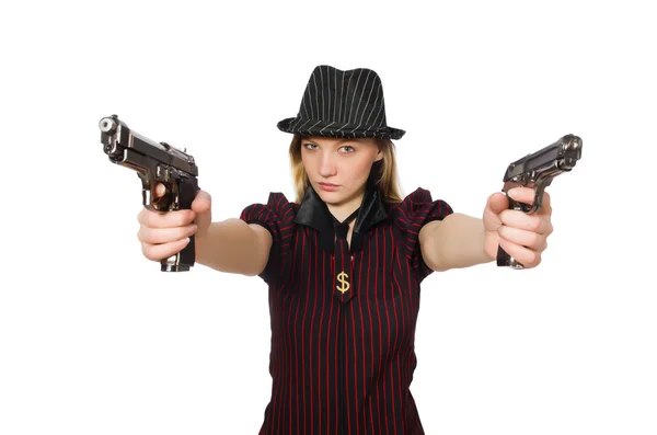 Junge Frau Gangster mit Waffe auf weiß — Stockfoto