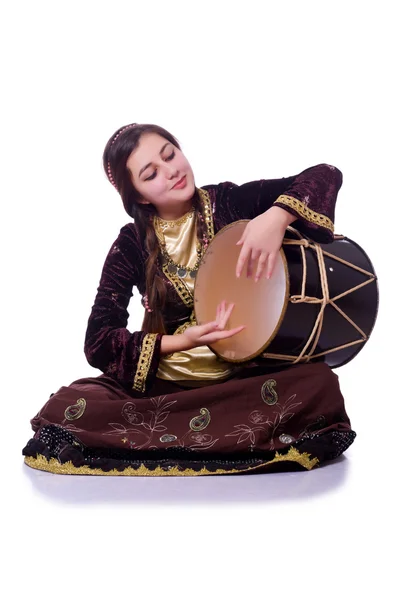 Young azeri woman playing traditional drum nagara — Stock Photo, Image