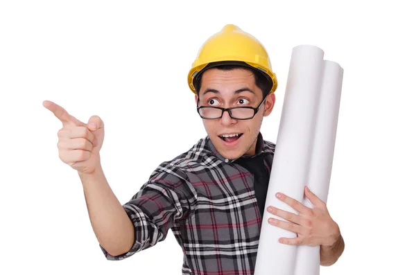 Funny man with blueprints on white — Stock Photo, Image