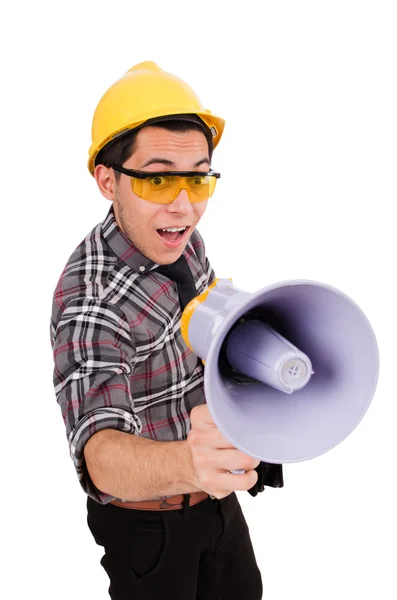 Construction supervisor shouting at megaphone — Stock Photo, Image