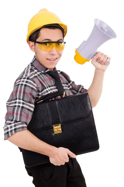 Construction supervisor shouting at megaphone — Stock Photo, Image