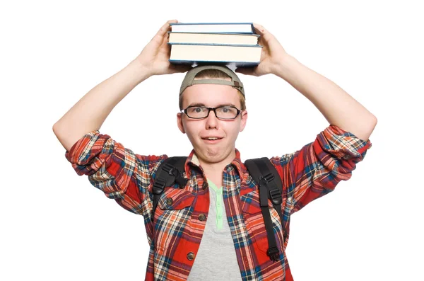 Estudiante divertido con pila de libros — Foto de Stock