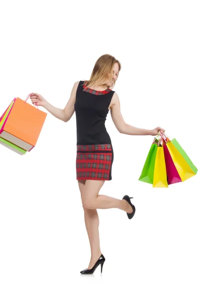 Donna dopo lo shopping baldoria su bianco — Foto Stock