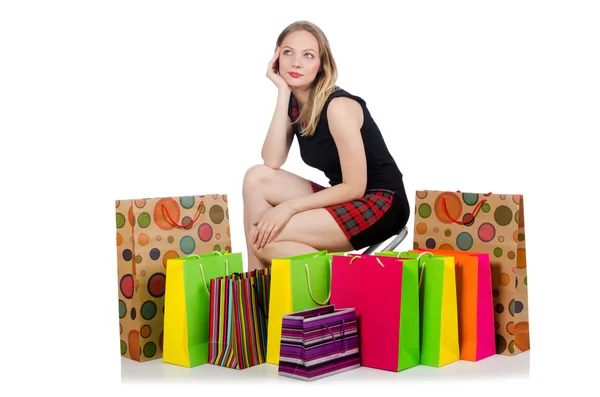 Mladá žena po nakupování izolované na bílém — Stock fotografie