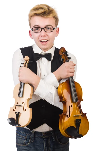 Vtipný muž s houslemi na bílém — Stock fotografie