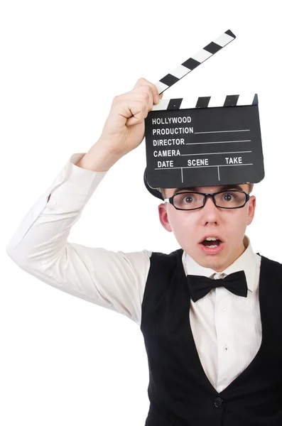 Uomo divertente con film applauso clapboard — Foto Stock