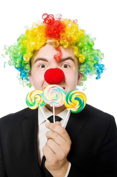 Clown con lecca lecca isolato su bianco — Foto Stock