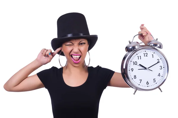 Mujer joven con reloj aislado en blanco — Foto de Stock