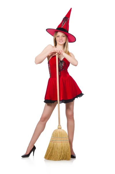 Bruxa em vestido vermelho com vassoura — Fotografia de Stock