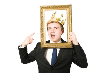 Resim çerçeveli bir adam beyazda izole edilmiş.