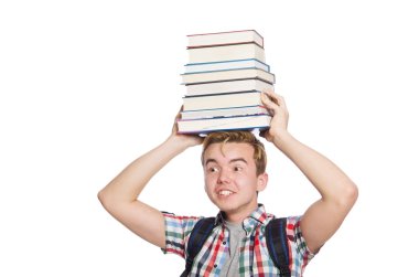 Bir yığın kitabı olan komik öğrenci.
