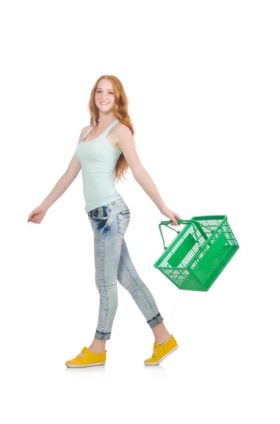 Woman after shopping in the supermarket isolated on white — Stock Photo, Image