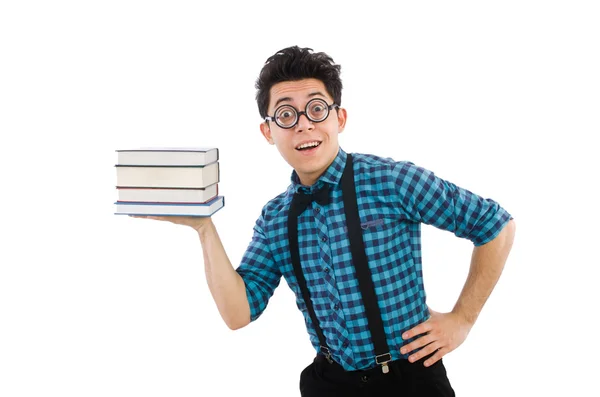 Vicces diák egy halom könyvvel. — Stock Fotó