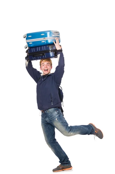 Homme drôle avec des bagages sur blanc — Photo