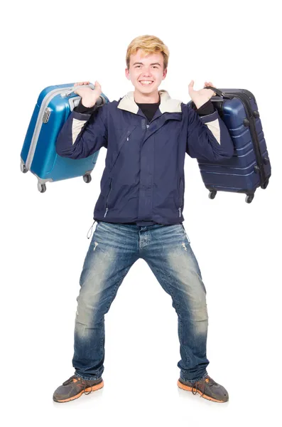 Lustiger Mann mit Gepäck auf Weiß — Stockfoto