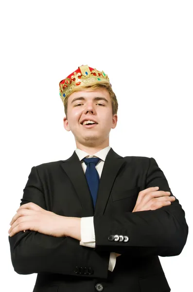 Uomo d'affari con corona isolata su bianco — Foto Stock