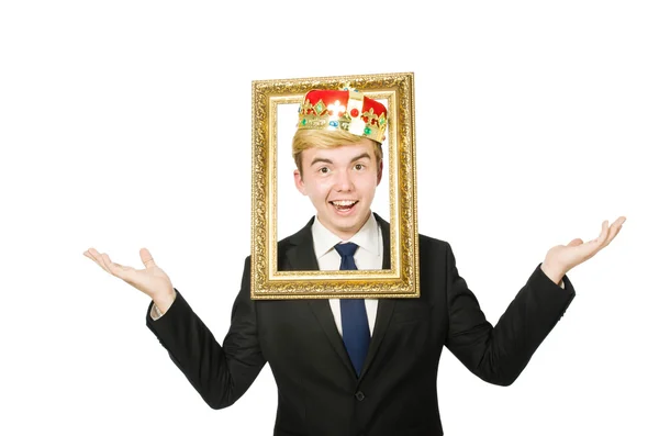 Man with picture frame isolated on the white — Stock Photo, Image