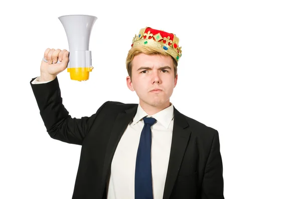 Homme avec couronne et mégaphone isolé sur blanc — Photo