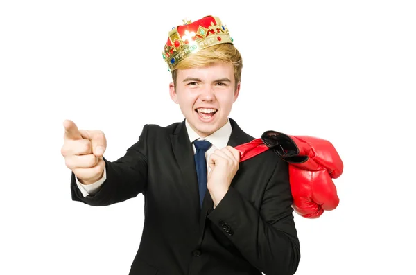 Funny businessman with crown and boxing gloves — Stock Photo, Image