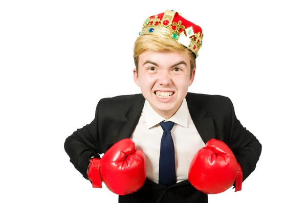 Homme d'affaires drôle avec couronne et gants de boxe — Photo