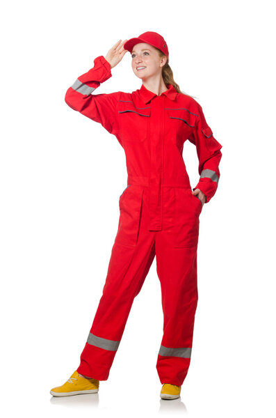 Женщина строитель изолирован на белом