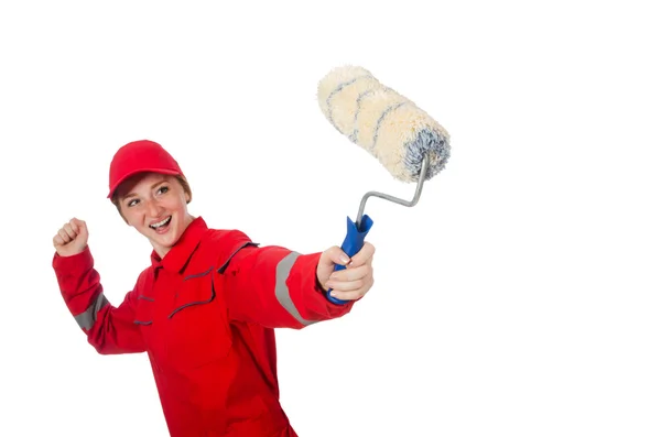 Woman painter in red coveralls isolated on the white — Stock Photo, Image