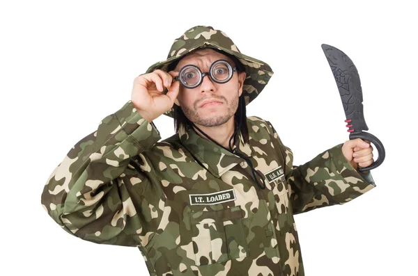 Funny soldier with knife on white — Stock Photo, Image