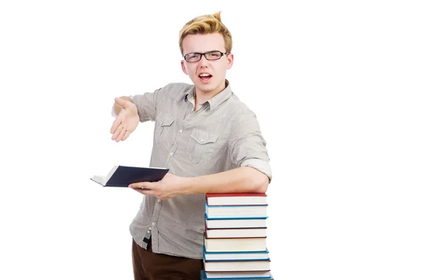 Смішний студент зі стопкою книг — стокове фото
