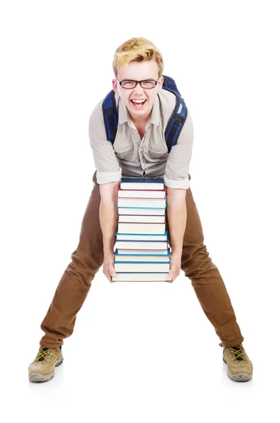 Étudiant drôle avec pile de livres — Photo