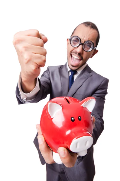 Homem engraçado com piggybank em branco — Fotografia de Stock