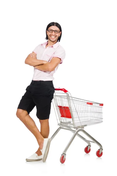 Uomo shopping con carrello supermercato isolato su bianco — Foto Stock