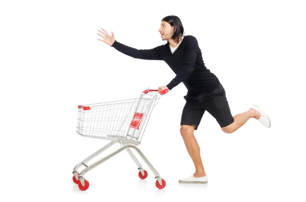 Hombre de compras con carrito cesta de supermercado aislado en blanco — Foto de Stock