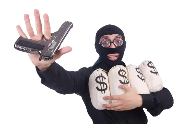 Funny criminal with gun isolated on white — Stock Photo, Image