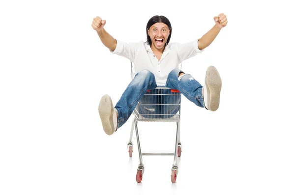 Man shopping with supermarket basket cart isolated on white — Stock Photo, Image