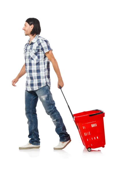 Man shopping with supermarket basket cart isolated on white — Stock Photo, Image