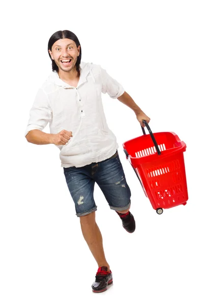 Homem de compras com carrinho de cesta de supermercado isolado em branco — Fotografia de Stock