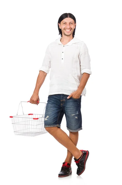 Homem de compras com carrinho de cesta de supermercado isolado em branco — Fotografia de Stock