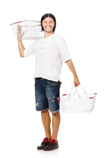 Man zakupy z koszyka supermarket izolowane na białym — Zdjęcie stockowe