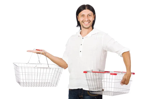 Férfi bevásárló szupermarket kosár elszigetelt fehér — Stock Fotó