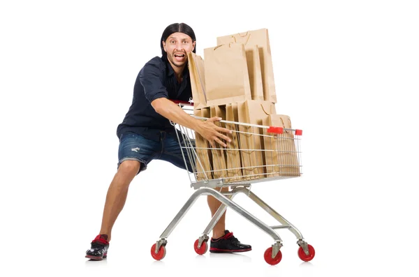 Man shopping with supermarket basket cart isolated on white — Stock Photo, Image