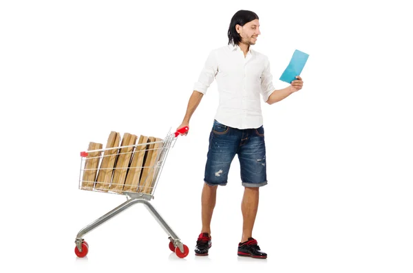 Hombre de compras con carrito cesta de supermercado aislado en blanco —  Fotos de Stock