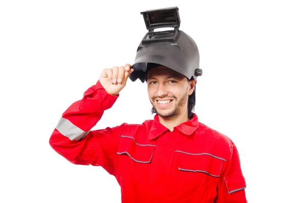 Welder in red overalls isolated on white — Stock Photo, Image