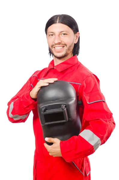焊机在孤立的白色衬底上的红色工作服 — 图库照片